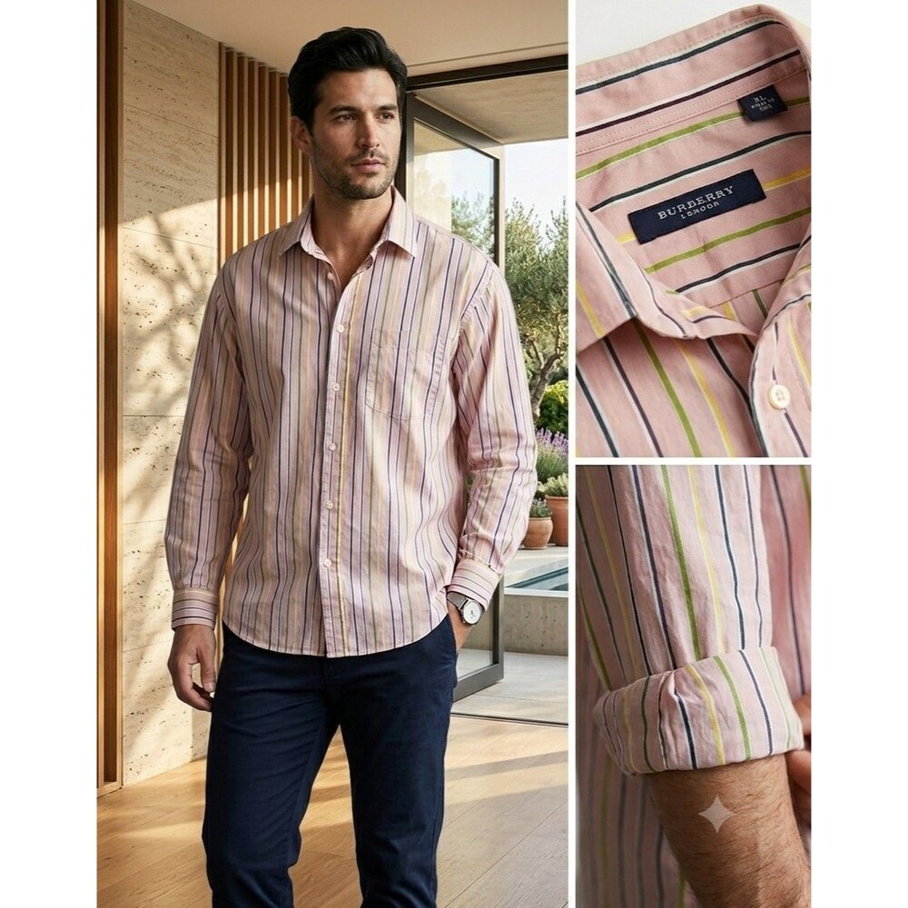 Burberry London Men’s XL Striped Button Down Shirt Pink Yellow Green Made in USA